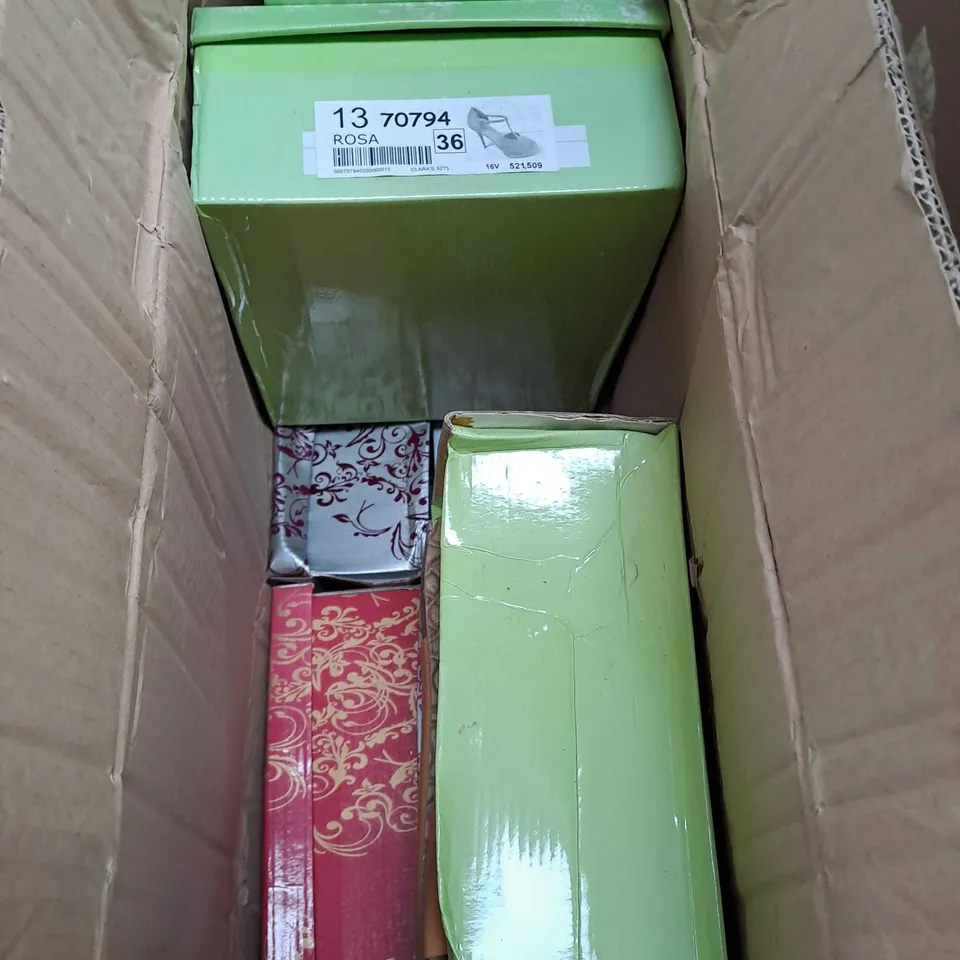 BOX OF APPROXIMATELY 10 PAIRS OF ASSORTED SHOES IN VARIOUS STYLES, COLOURS AND SIZES
