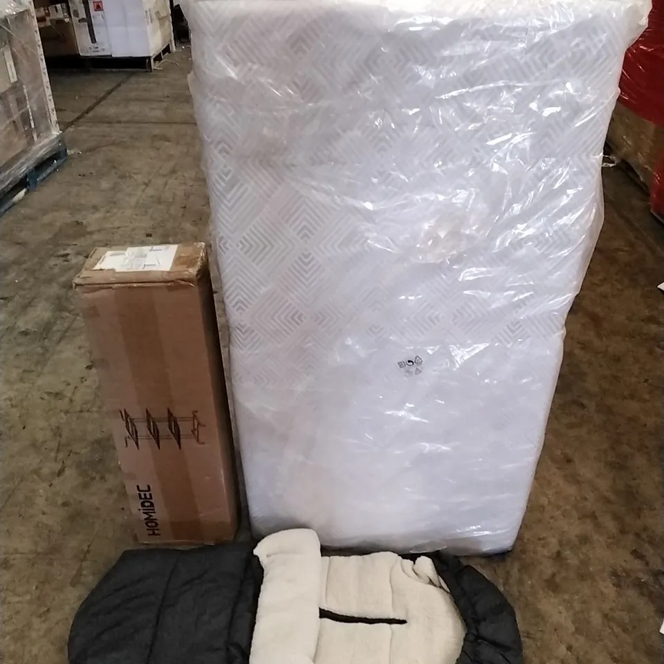 A PALLET OF VARIOUS ITEMS TO INCLUDE. MEMORY FOAM MATTRESS, CLOTHES AIRERS AND PRAM COVER