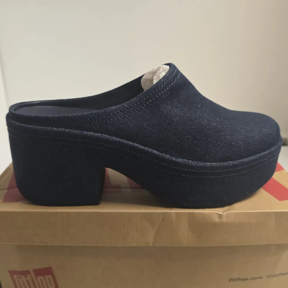 BOXED PAIR OF FITFLOP PLATFORM DENIM HEELED MULES - DARK DENIM, UK7