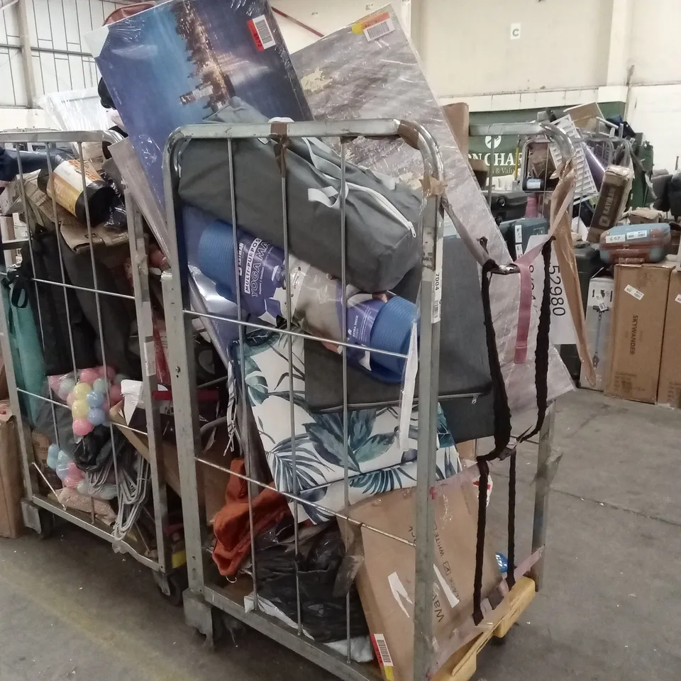 CAGE OF ASSORTED HOUSEHOLD GOODS AND PRODUCTS TO INCLUDE; CANVAS ART PRINTS, CUSHION COVERS, YOGA MAT ETC