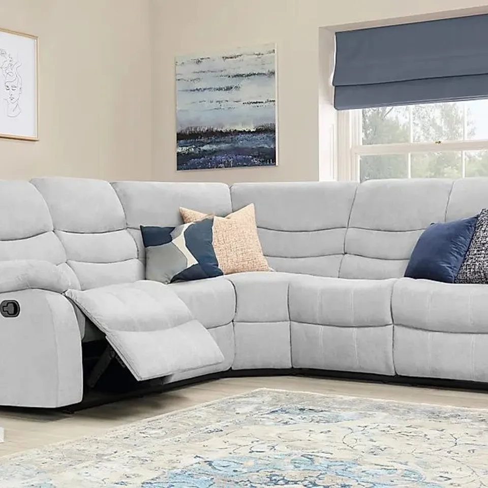 BOXED DESIGNER SORRENTO DOVE GREY PLUSH FABRIC MANUAL RECLINING CORNER GROUP (3 BOXES)