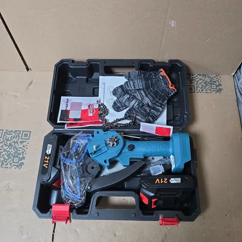 LIVMORE RAPIDCUT MINI CHAIN SAW (BOX) + BLUE 21V CORDLESS CHAINSAW IN CASE (UNKNOWN BRAND)