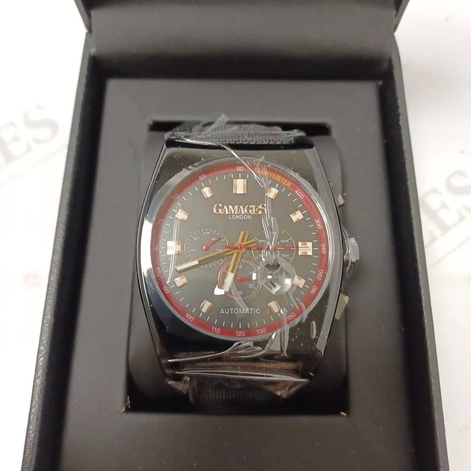 GAMAGES RETRO CALIBRE BLACK TRIPLE DATE DIAL AUTOMATIC TACHYMETER LEATHER STRAP WRISTWATCH	