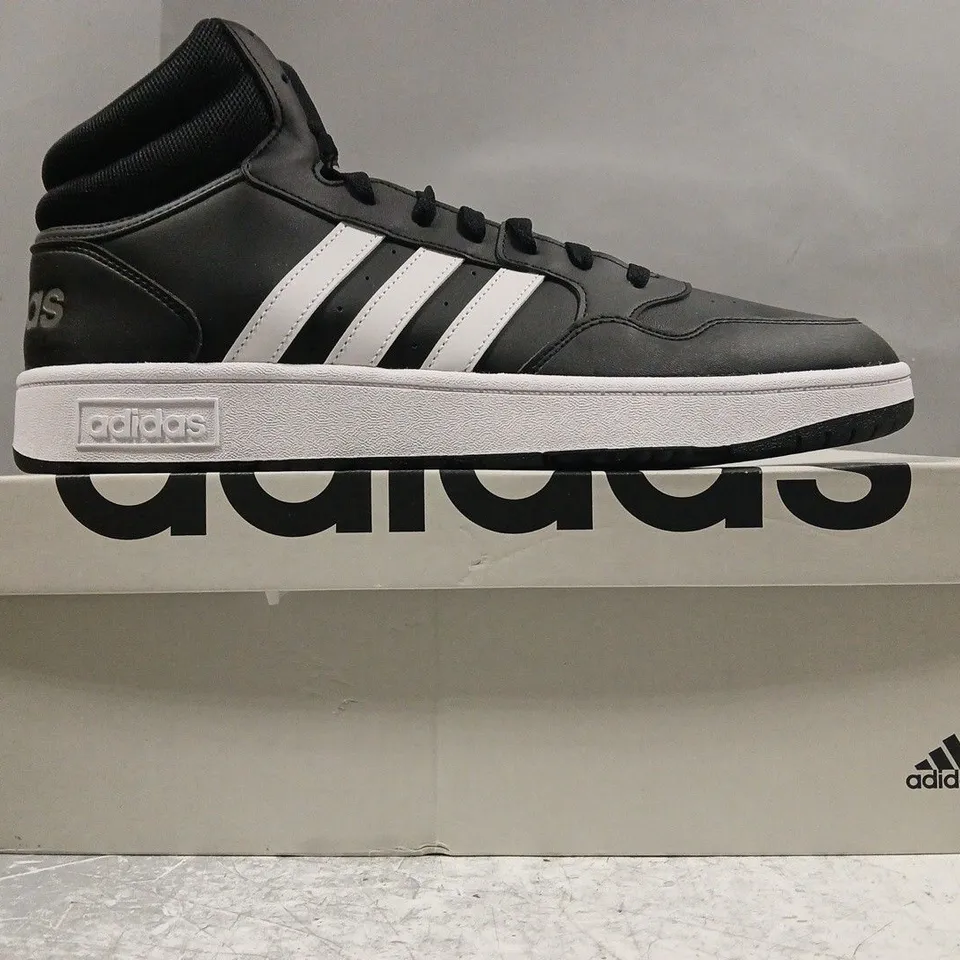 BOXED PAIR OF ADIDAS HOOPS 3.0 MID SHOES IN BLACK/WHITE SIZE UK 12.5