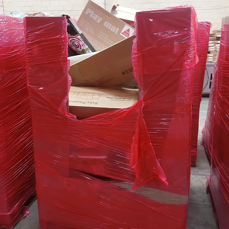 PALLET OF ASSORTED HOUSEHOLD GOODS AND PRODUCTS TO INCLUDE; BABY PLAY PENS, PLAY MATS, AIR TOWER FAN, BOXED FURNITURE ETC 