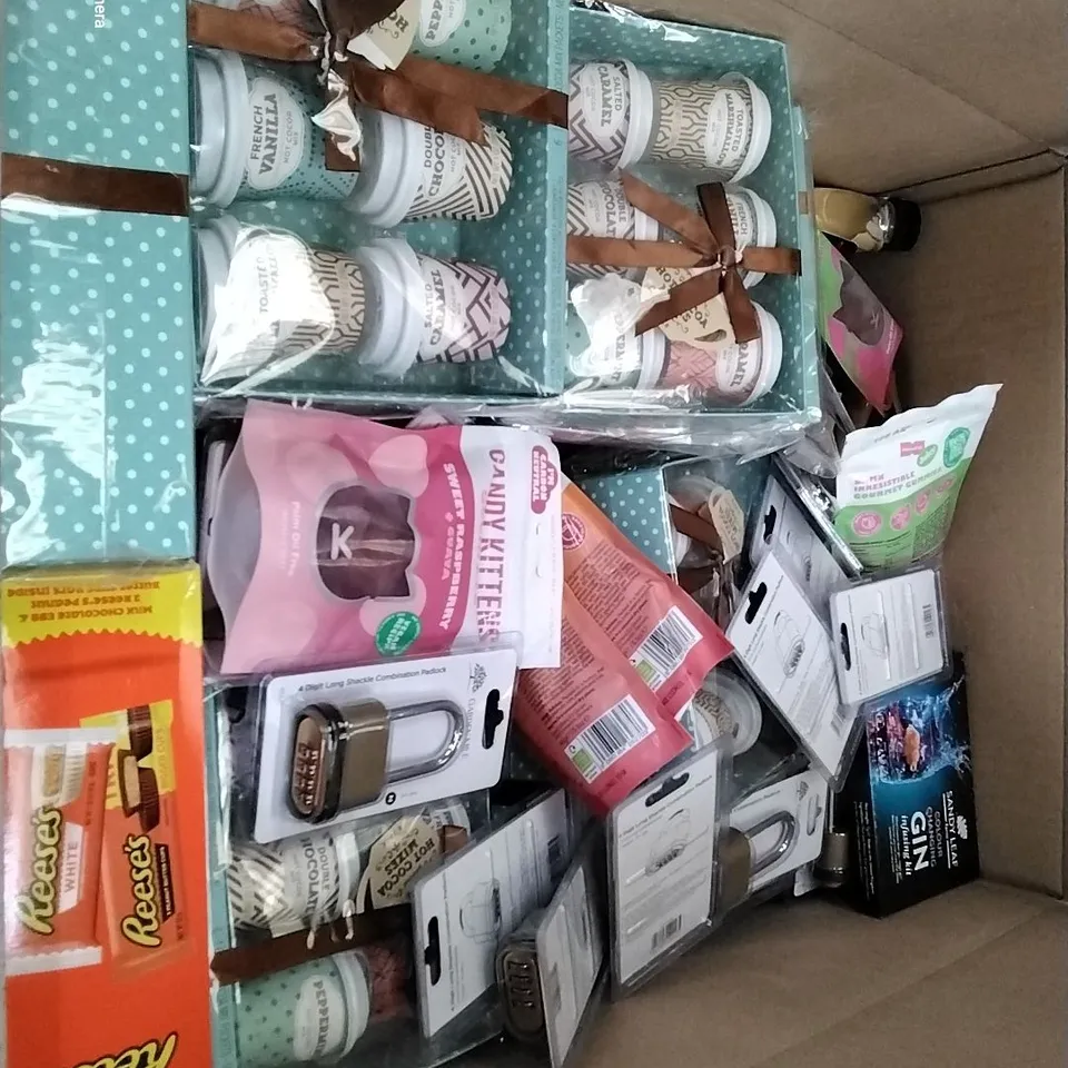 PALLET CONTAINING 6 BOXES OF ASSORTED HOUSEHOLD ITEMS TO INCLUDE COMBINATION PADLOCKS AND COCAO SETS