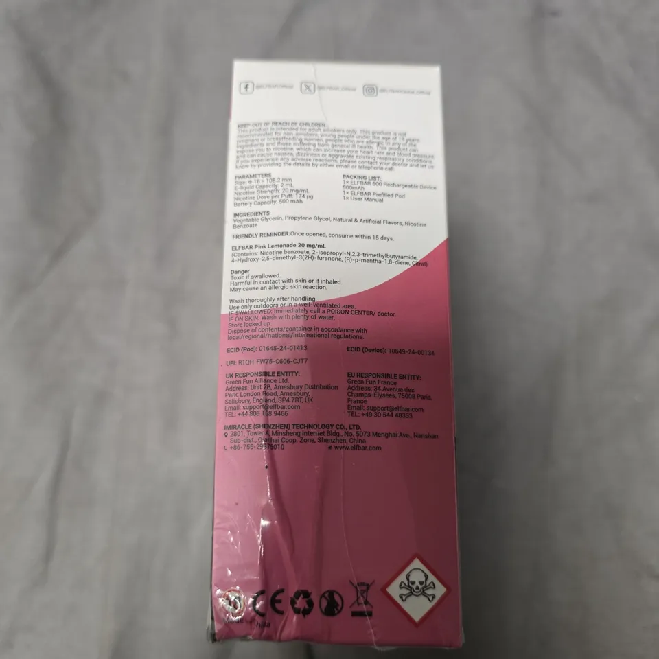 SEALED ELFBAR 600 PREFILLED POD KIT – PINK LEMONADE, 20MG/ML - 10-PACK