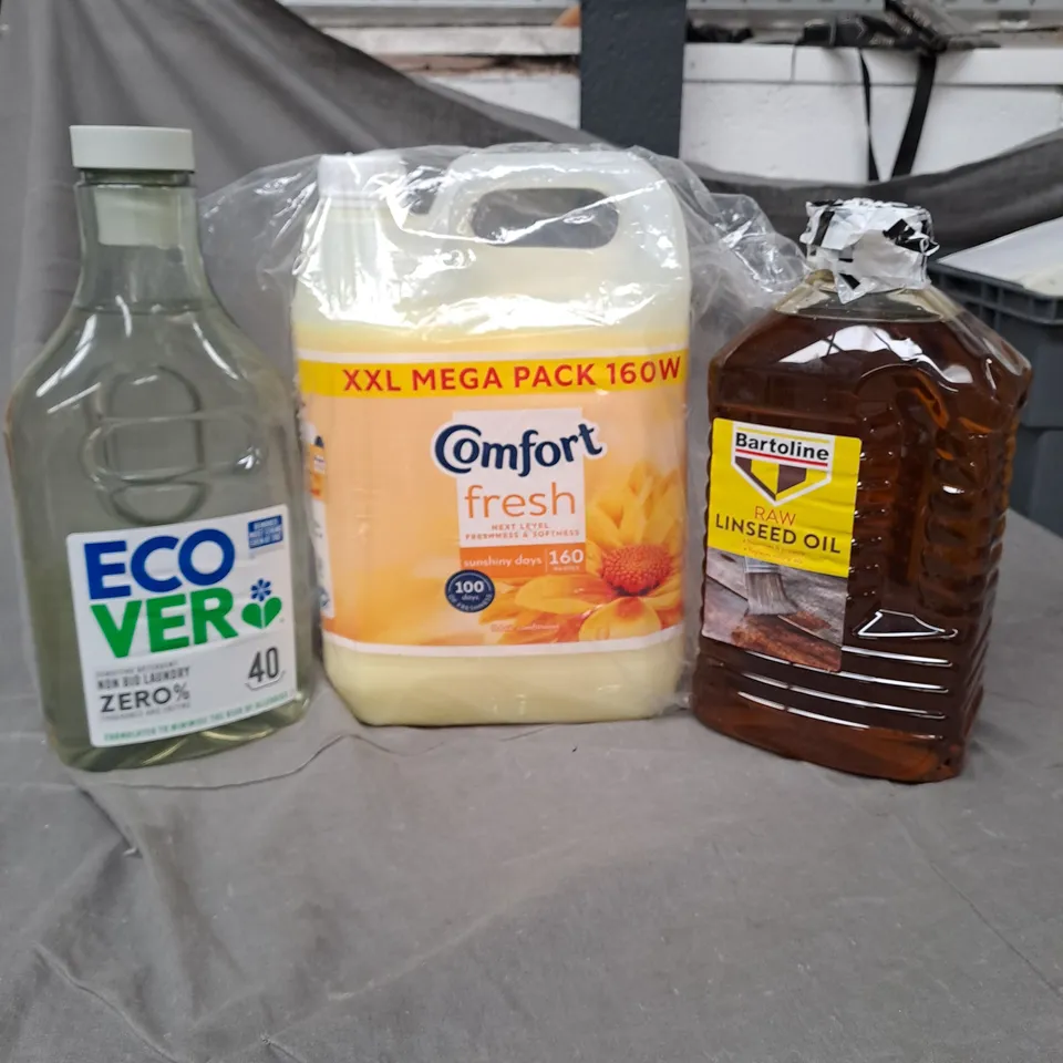 LOT OF 5 HOUSEHOLD LIQUIDS TO INCLUDE COMFORT FABRIC SOFTENER, LINSEED OIL AND ECOVER LAUNDRY LIQUID