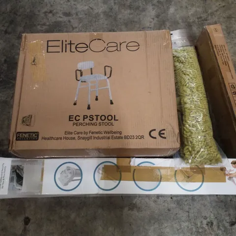 PALLET CONTAINING ASSORTED PRODUCTS INCLUDING PERCHING STOOL, RETRACTABLE SAFETY GATE, 18" WINDOW SCRUBBER & OAK FLOATING SHELF 45CM