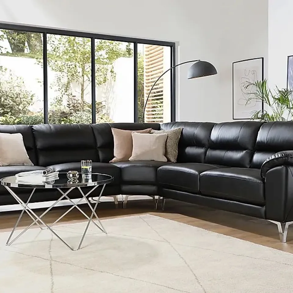 BOXED DESIGNER MADRID BLACK LEATHER CORNER SOFA (3 BOXES)