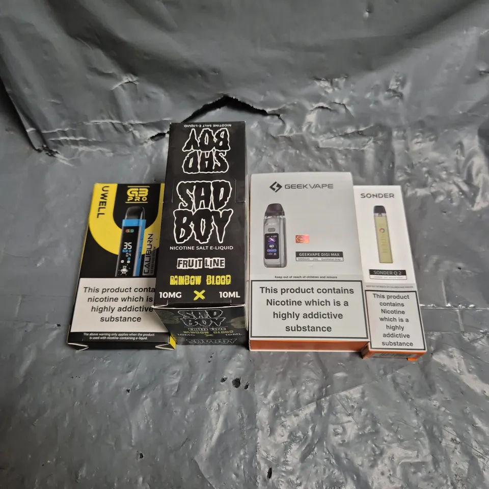 APPROXIMATELY 15 ASSORTED E-CIGARETTE PRODUCTS TO INCLUDE - SAD BOY, GEEK VAPE, SONDER ETC 