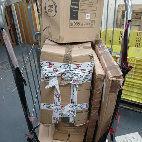 CAGE OF APPROXIMATELY 8 ASSORTED BROKEN ITEMS TO INCLUDE - GARDEN LIGHTS, CANVAS, AND RUSSELL HOBBS MICROWAVE ETC. - COLLECTION ONLY 