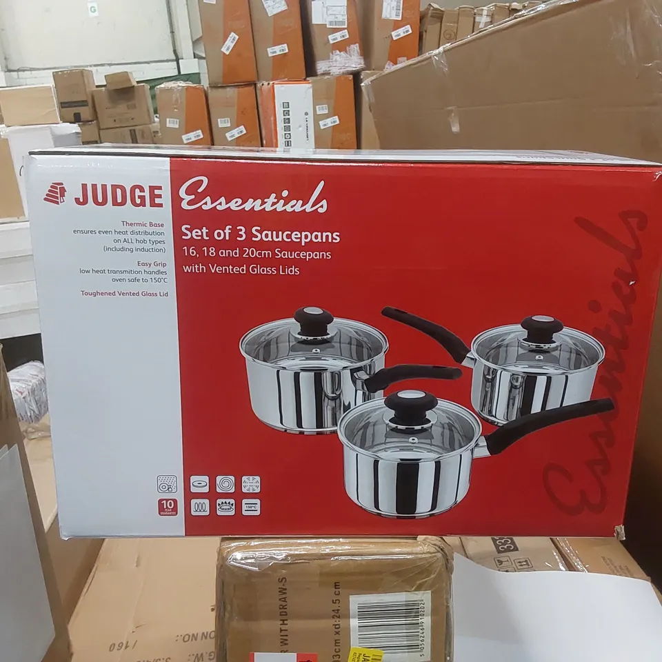 BOXED JUDGE ESSENTIALS, 3 PIECE STAINLESS STEEL SAUCEPAN SET, 16/18/20cm