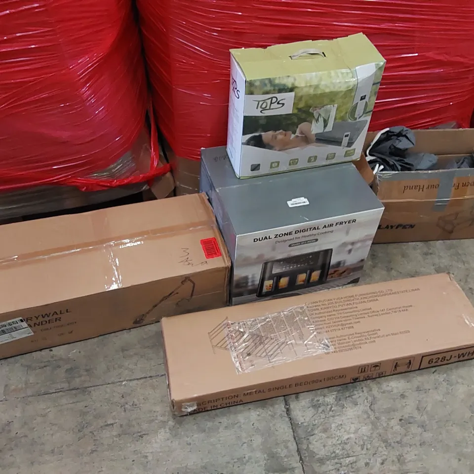 PALLET OF ASSORTED ITEMS INCLUDING: AIR FRYER, DRYWALL SANDER, ELECTRIC BLANKET, BABY PLAY PEN, SINGLE BED FRAME