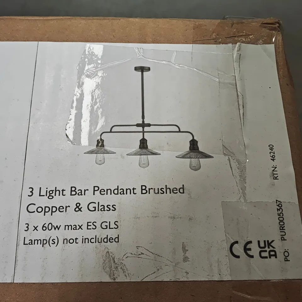 BOXED DAR ADELINE 3-LIGHT BAR PENDANT CEILING LIGHT IN BRUSHED COPPER & GLASS