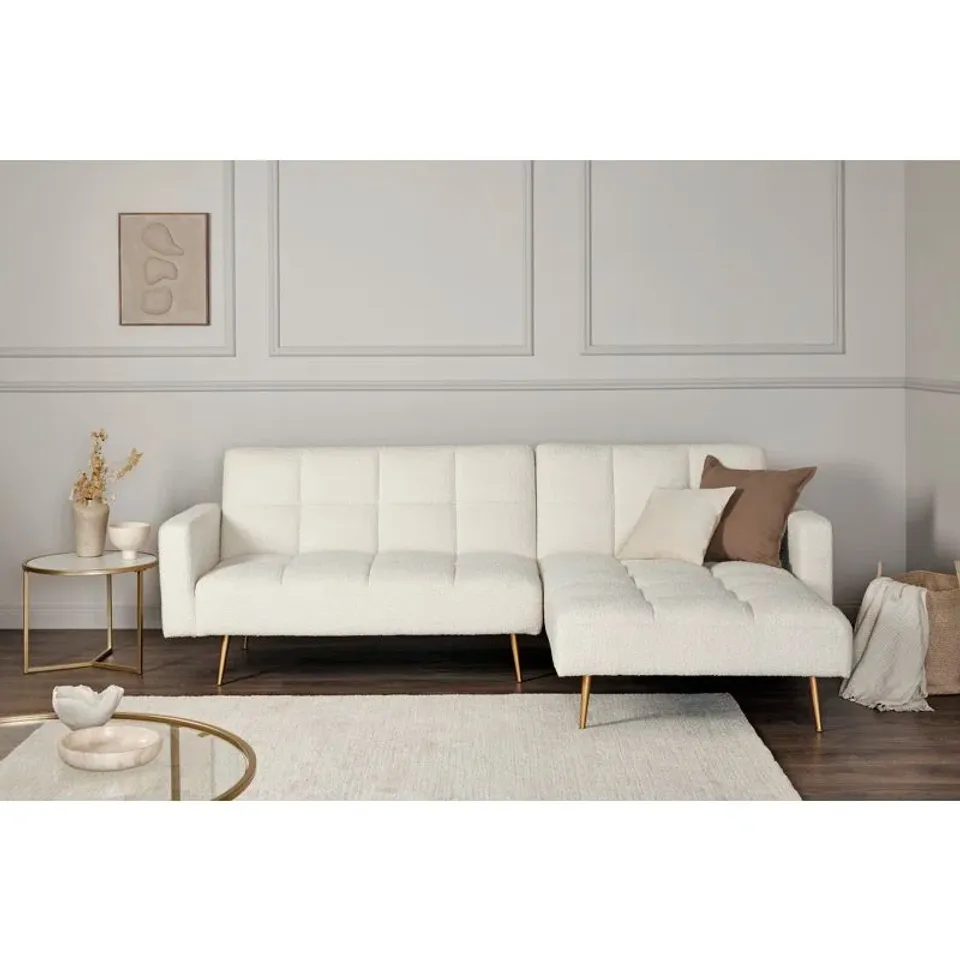 QUALITY BOXED SHIFLET UPHOLSTERED CORNER SOFA - BOUCLE OFF WHITE/GOLD MATT (2 BOXES)