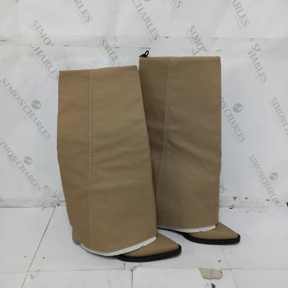 UNBOXED PAIR OF ZARA HIGH JEAN BOOTS IN DUNE SIZE 37