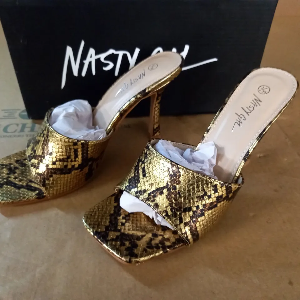 PAIR OF NASTY GAL PU SNAKE SQUARE TOED HEELED MULES IN GOLD- UK 3