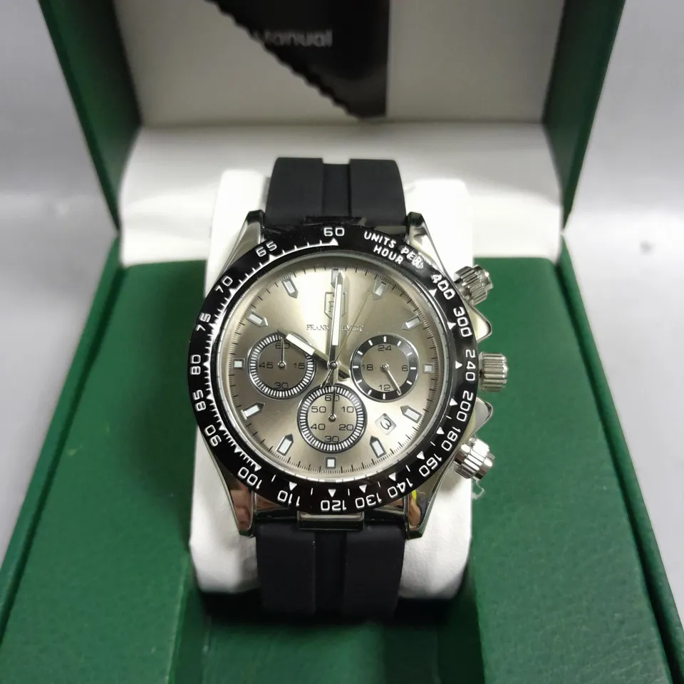 BOXED FRANK SCHMIDT TAUPE COLOURED DIAL SILVER COLOURED BEZEL WITH RUBBER BLACK STRAP 