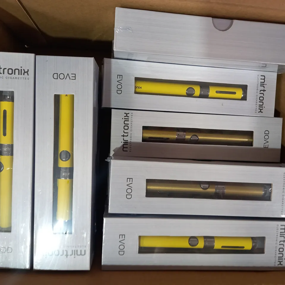 BOX OF APPROXIMATELY 25 MIRTRONIX EVOD ELECTRONIC CIGARETTES IN YELLOW AND GOLD COLOURS