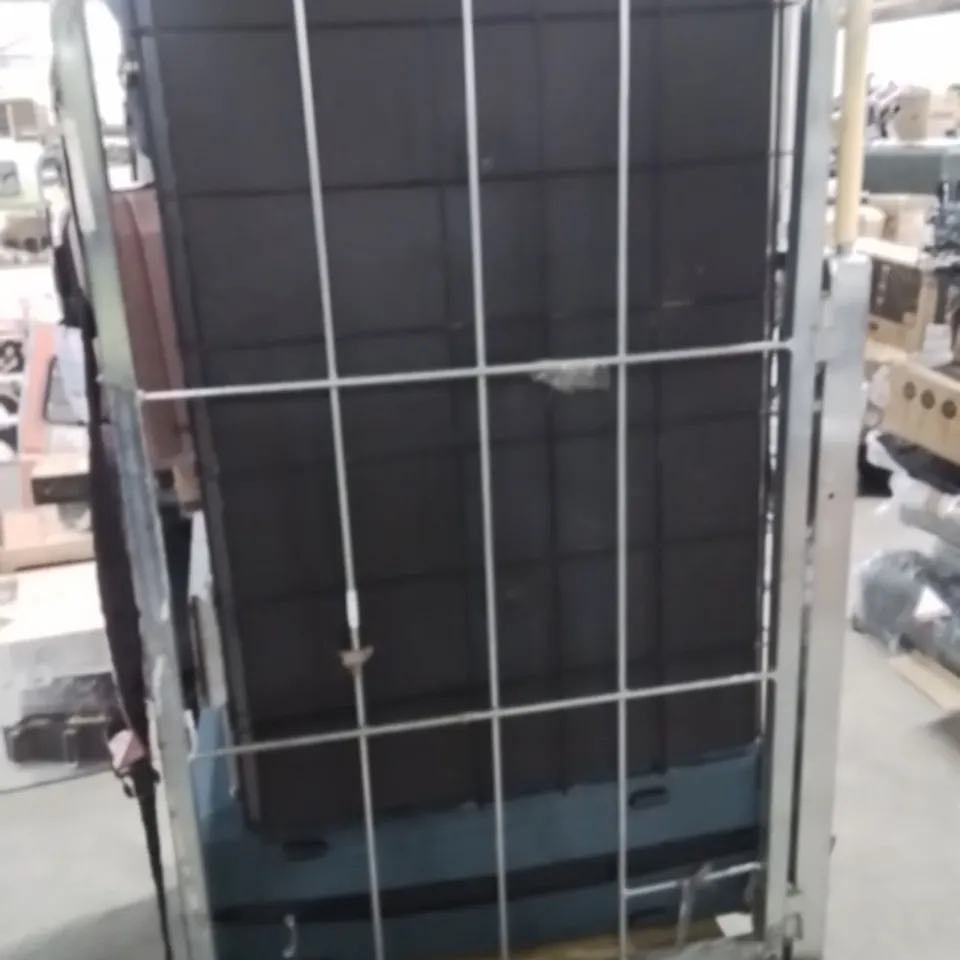CAGE OF ASSORTED HOUSEHOLD GOODS AND PRODUCTS TO INCLUDE;SUITCASES,DOG CAGE,CORDLESS VACUUM CLEANER,YOGA MAT,JUICER