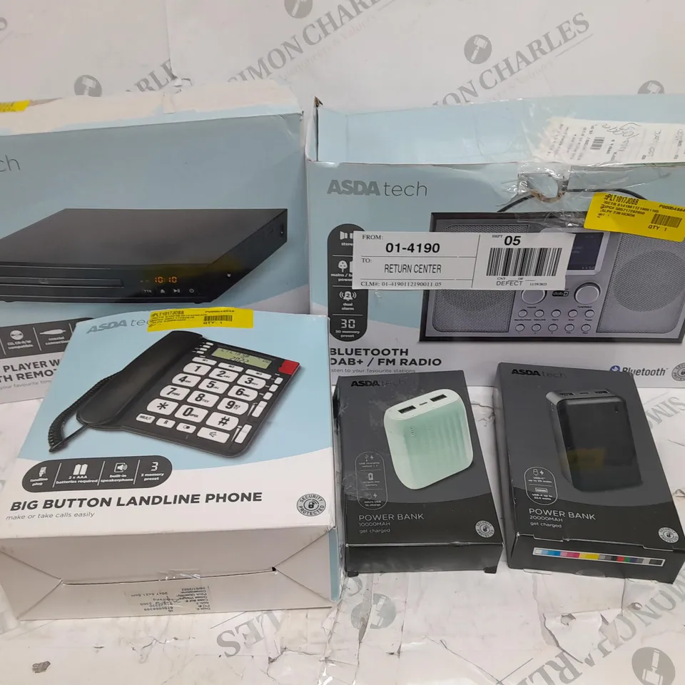 APPROXIMATELY 10 ASSORTED ASDA TECH ITEMS INCLUDING BLUETOOTH DAB+/ FM RADIO DVD PLAYER WITH HDMI FUNCTION