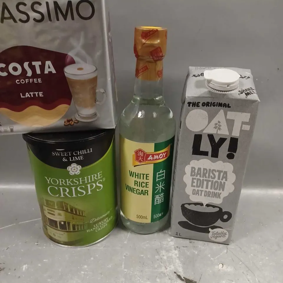 BOX OF ASSORTED FOOD ITEMS TO INCLUDE WHITE RICE VINEGAR - COSTA COFFEE PODS - OATLY DRINK - COLLECTION ONLY  