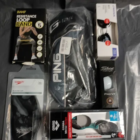LOT OF 6 ASSORTED SPORTS ITEMS TO INCLUDE ZUVO RESISTANCE LOOP BAND PACK OF 5, PING-BRANDED BAG, COBRA MIRROR SWING, TITLEIST PRO V1 BALLS, ARENA SWIM GEAR, SPEEDO GOGGLES