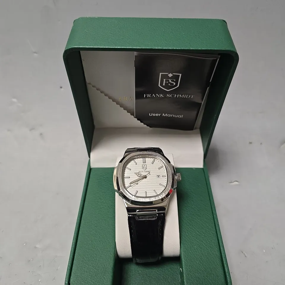 FRANK SCHMIDT WATCH – TEXTURED DIAL WITH DATE – LEATHER STRAP- 3ATM WATER RESISTANT – GIFT BOX