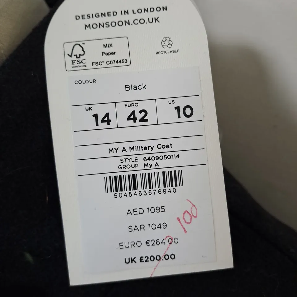 MONSOON BLACK MILITARY COAT - UK 14