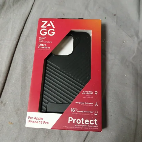 BOX OF APPROXIMATELY 70 ZAGG PROTECT CASE FOR IPHONE 15 PRO – MAGSAFE COMPATIBLE WITH KICKSTAND, 16FT DROP PROTECTION