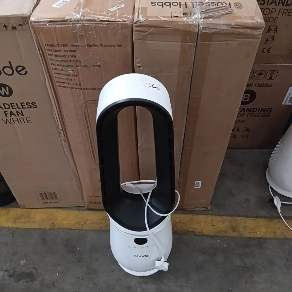 UNBOXED ABODE BLADELESS COOLING FAN IN WHITE WITH 4 SPEED SETTINGS, TOUCH CONTROLLED BUTTONS, LED DISPLAY WITH REMOTE, 75° OSCILLATION FUNCTION, 1.8M POWER CORD & 9 HOUR TIMER ABLDL2001