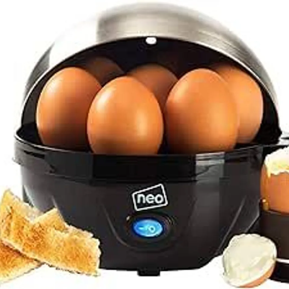 BOXED NEO STAINLESS STEEL ELECTRIC EGG BOILER POACHER AND STEAMER - BLUE/SILVER (1 BOX)