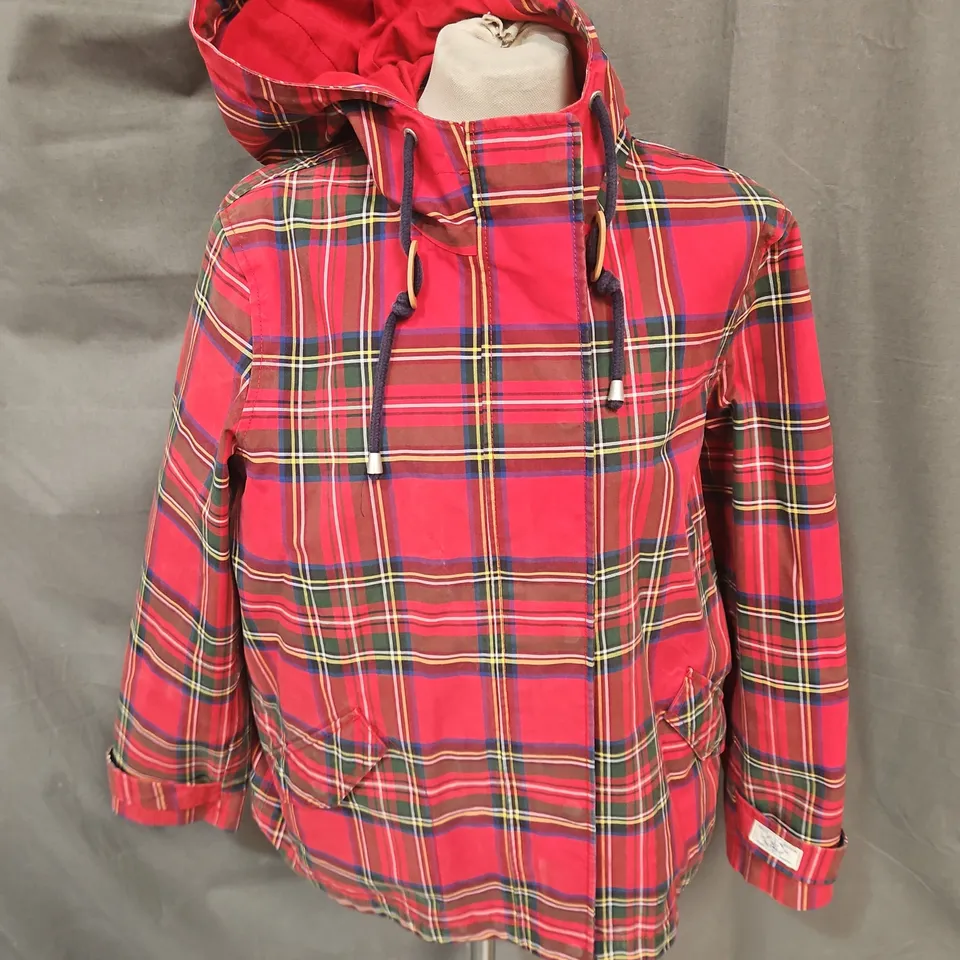 JOULES WATERPROOF HOODED PLAID JACKET – RED CHECK, UK 16 