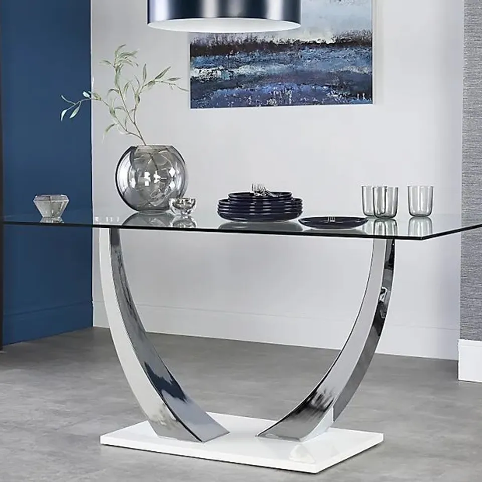 BOXED PEAKE GLASS AND CHROME 160CM DINING TABLE WITH WHITE GLOSS BASE (3 BOXES)