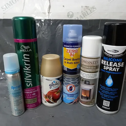 APPROXIMATELY 12 ASSORTED AEROSOLS TO INCLUDE SILICONE RELEASE SPRAY (500ml), CHESNEY STONESEAL (250ml), GLADE AUTOMATIC SPRAY (269ml), ETC