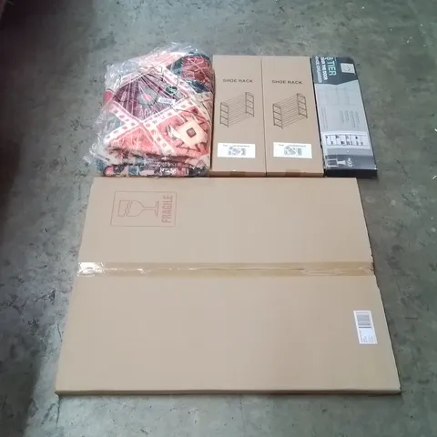 PALLET OF ASSORTED HOUSEHOLD GOODS AND PRODUCTS TO INCLUDE; SHOE RACKS, BOXED FURNITURE ETC