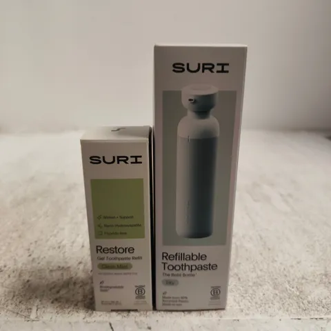 SURI REFILLABLE TOOTHPASTE REFILLS – TWO-PACK (RESTORE GEL REFILL + REFILL BOTTLE)