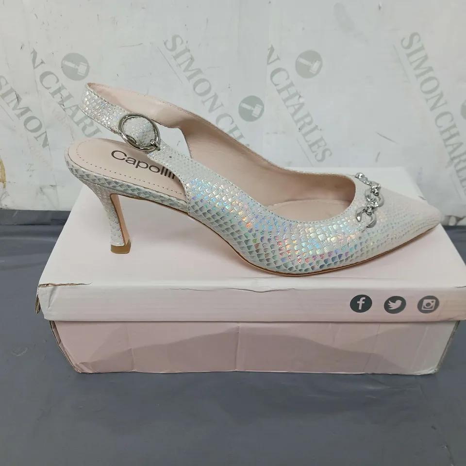 BOXED PAIR OF CAPOLLINI ELOISE PEARL SLING SHOES SIZE 41