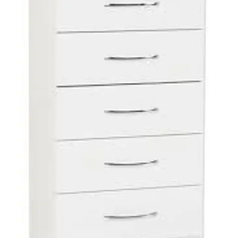 BOXED NEVADA 5 DRAWER NARROW CHEST WHITE GLOSS (1 BOX)