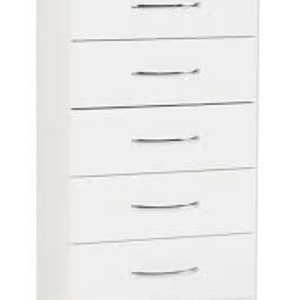 BOXED NEVADA 5 DRAWER NARROW CHEST WHITE GLOSS (1 BOX)