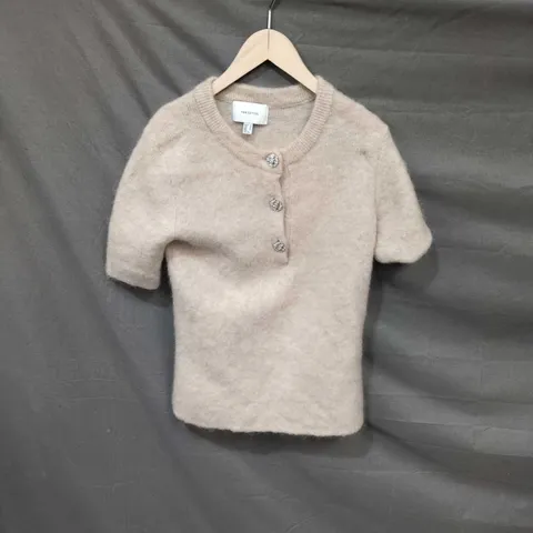 H&M EDITION BEIGE FLUFFY KNIT SHORT-SLEEVE CARDIGAN – SIZE M