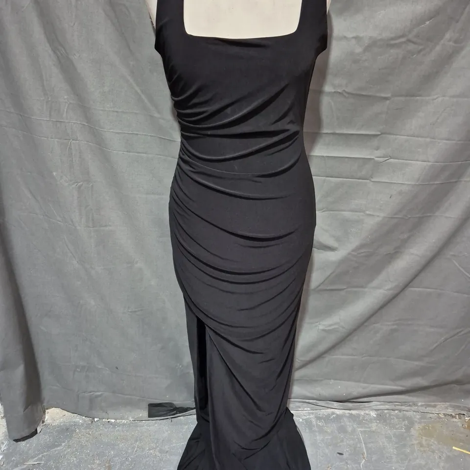 CLUB LONDON SQUARE NECK MAXI DRESS WITH PLUNGE BACK AND SIDE THIGH SPLIT IN BLACK SIZE 10