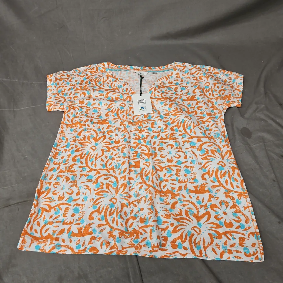 WHITE STUFF NELLY NOTCH NECK TEE IN ORANGE PRINT SIZE 8