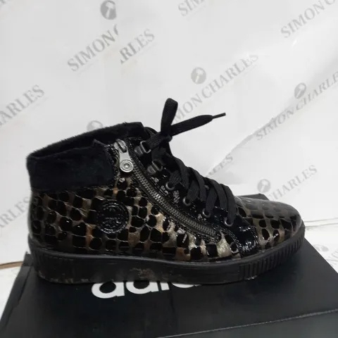 RIEKER TRAINER BOOT SIDE ZIP BLACK PATENT MULTI COLOURED - SIZE UK 7.5 - BOXED