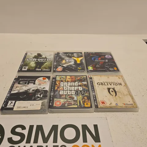 TOTE OF APPROXIMATELY 8 ASSORTED VIDEO GAMES TO INCLUDE CALL OF DUTY 4 PS3, GRAN TURISMO 5 PS3, GRAND THEFT AUTO IV PS3, TIMESHIFT PS3 ETC