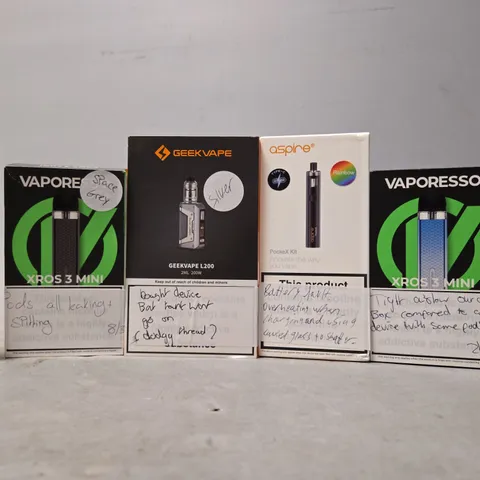 BOX OF APPROXIMATELY 15 ASSORTED E-CIGARETTES TO INCLUDE - GEEK VAPE , ASPIRE , VAPORESSO 