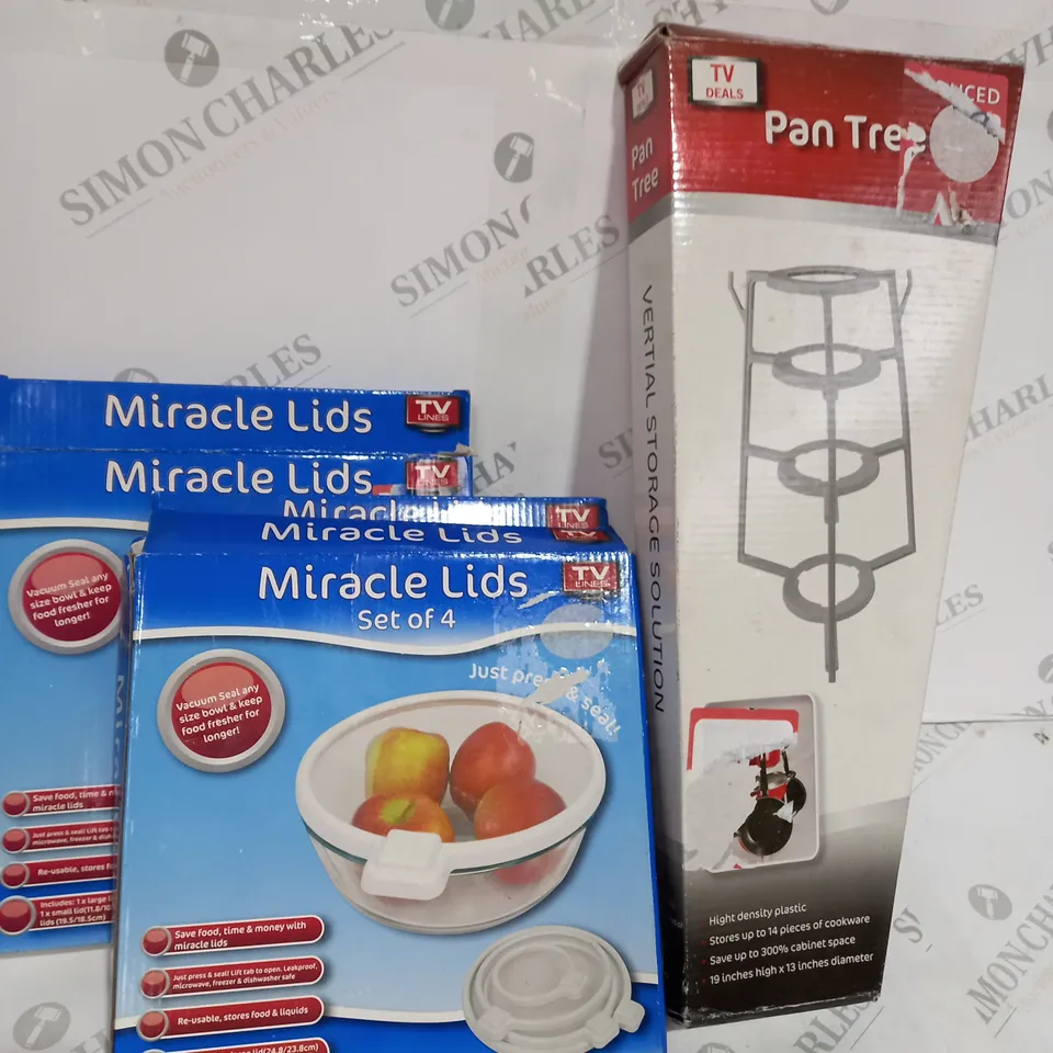BOXED 2 X MIRACLE LID SETS OF 4, 1 X PAN TREE 