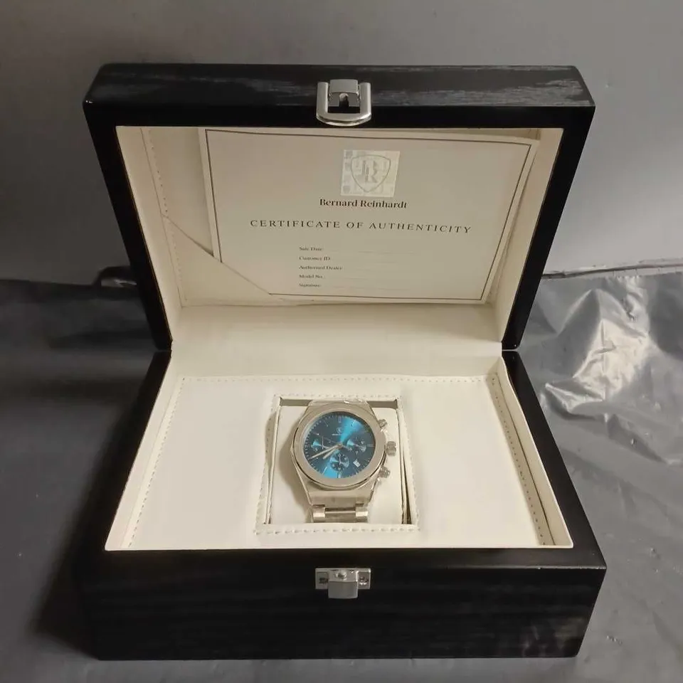 BOXED BERNARD REINHARDT BLUE DIAL CHRONOGRAPH WATCH 