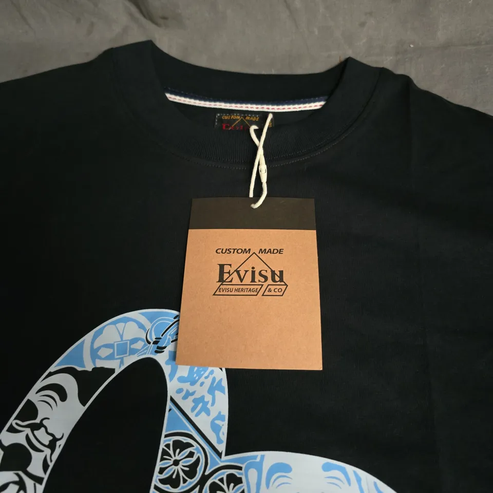 EVISU CUSTOM MADE T-SHIRT – BLACK COTTON WITH LARGE BLUE LOGO SIZE L